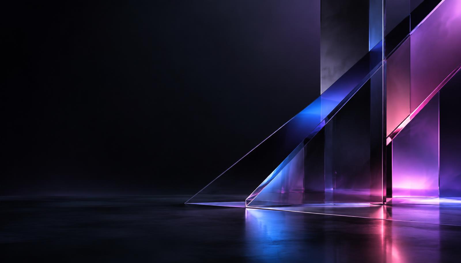 Angular glass forms reflecting purple, pink and blue light